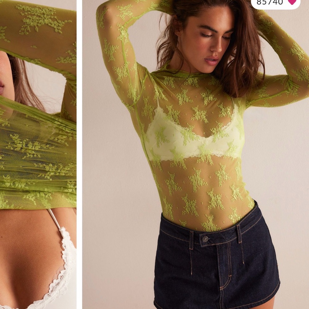 Free People Lime Sheer Lace Blouse